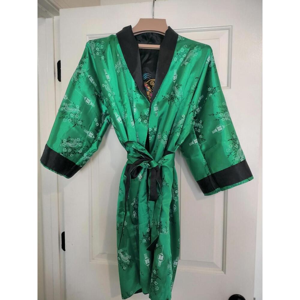 Reversible Satin Dragon Kimono Robe Green & Black Embroidered Vintage Style M - Picture 9 of 14